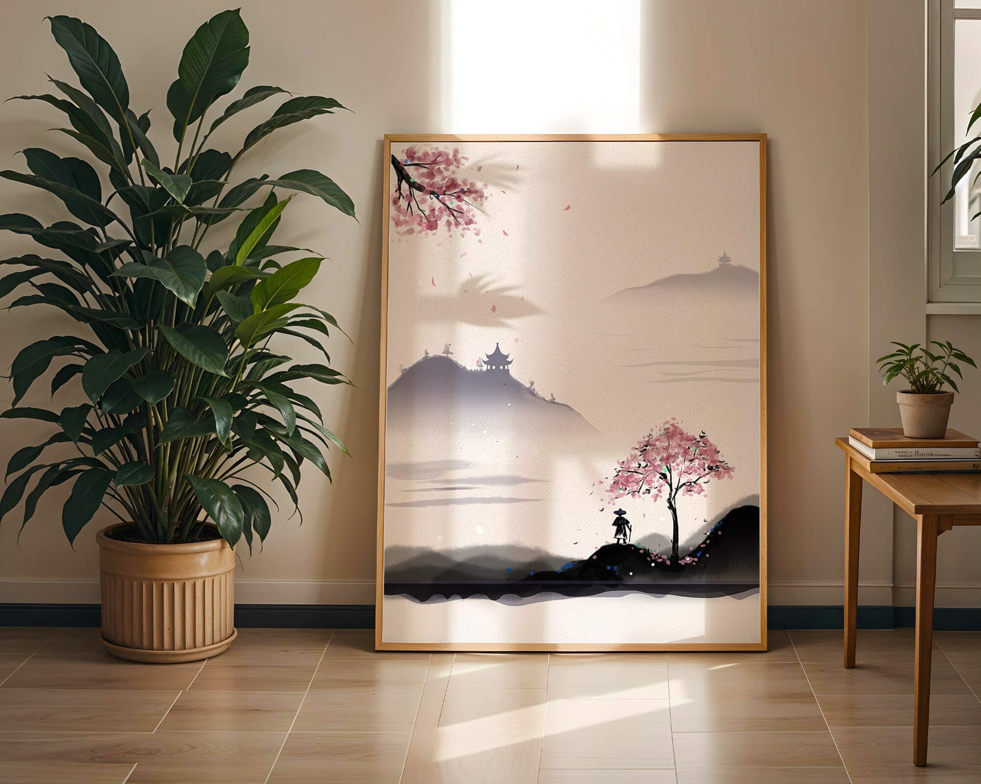 Paisaje sereno con árbol de cerezo y pagodas distantes