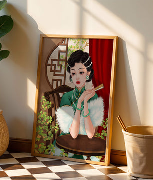 Elegant Woman in Traditional Asian Attire with Floral Background