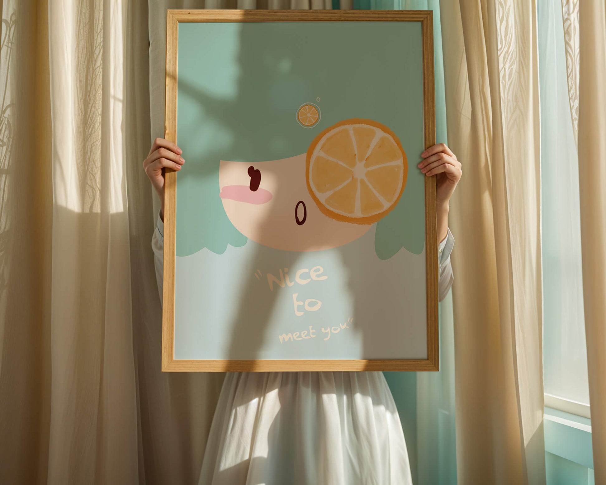 Playful Illustration of a Cartoon Face with Citrus Accent
