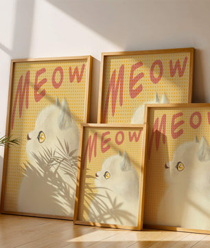 Profile View of a White Cat with Meow Text on Yellow Background