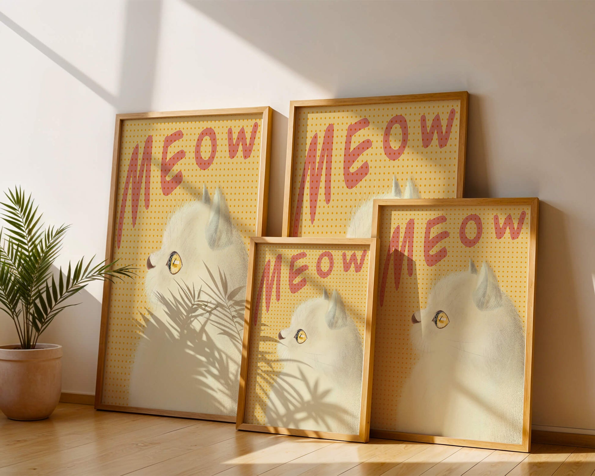 Profile View of a White Cat with Meow Text on Yellow Background