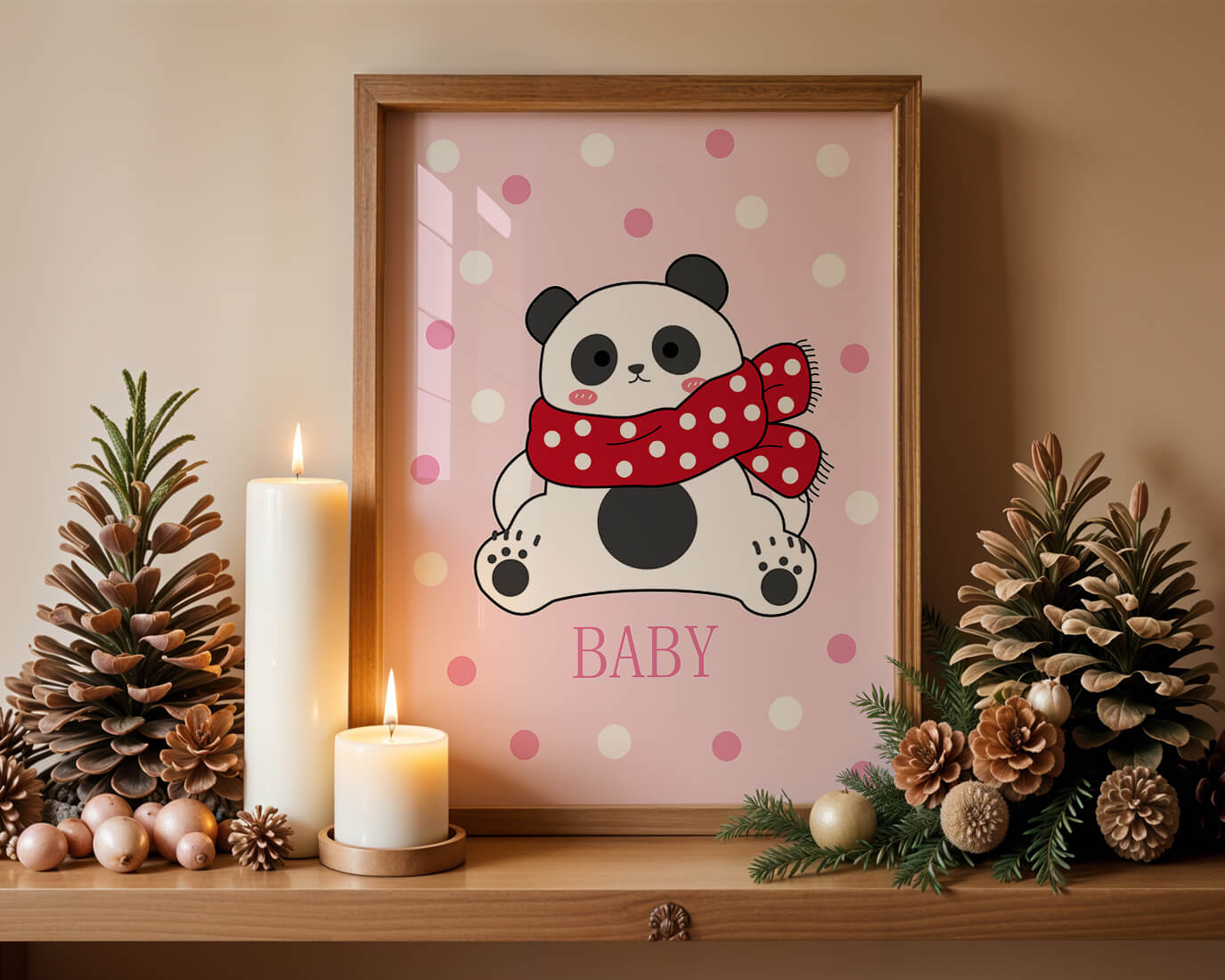 Cartoon panda with red scarf on pink polka dot background