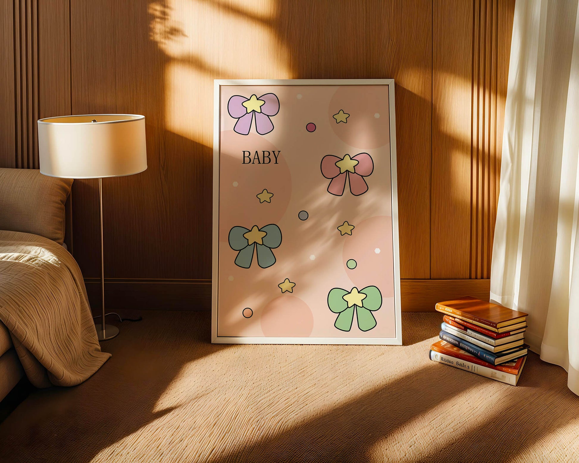 Colorful baby-themed backdrop with bows and stars