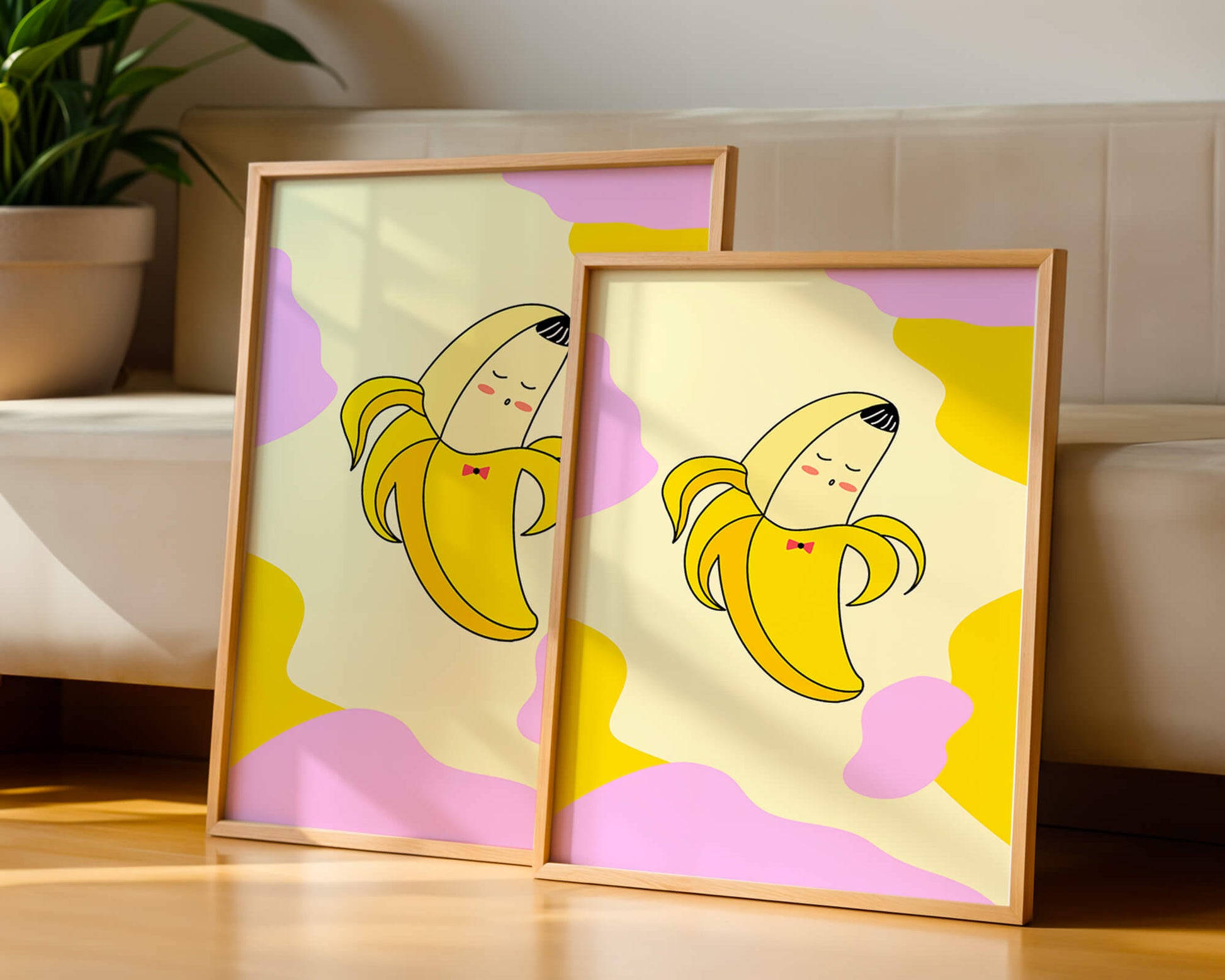 Quirky animated banana with bow tie on colorful abstract background