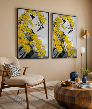 Representación artística de golondrinas entre flores amarillas vibrantes