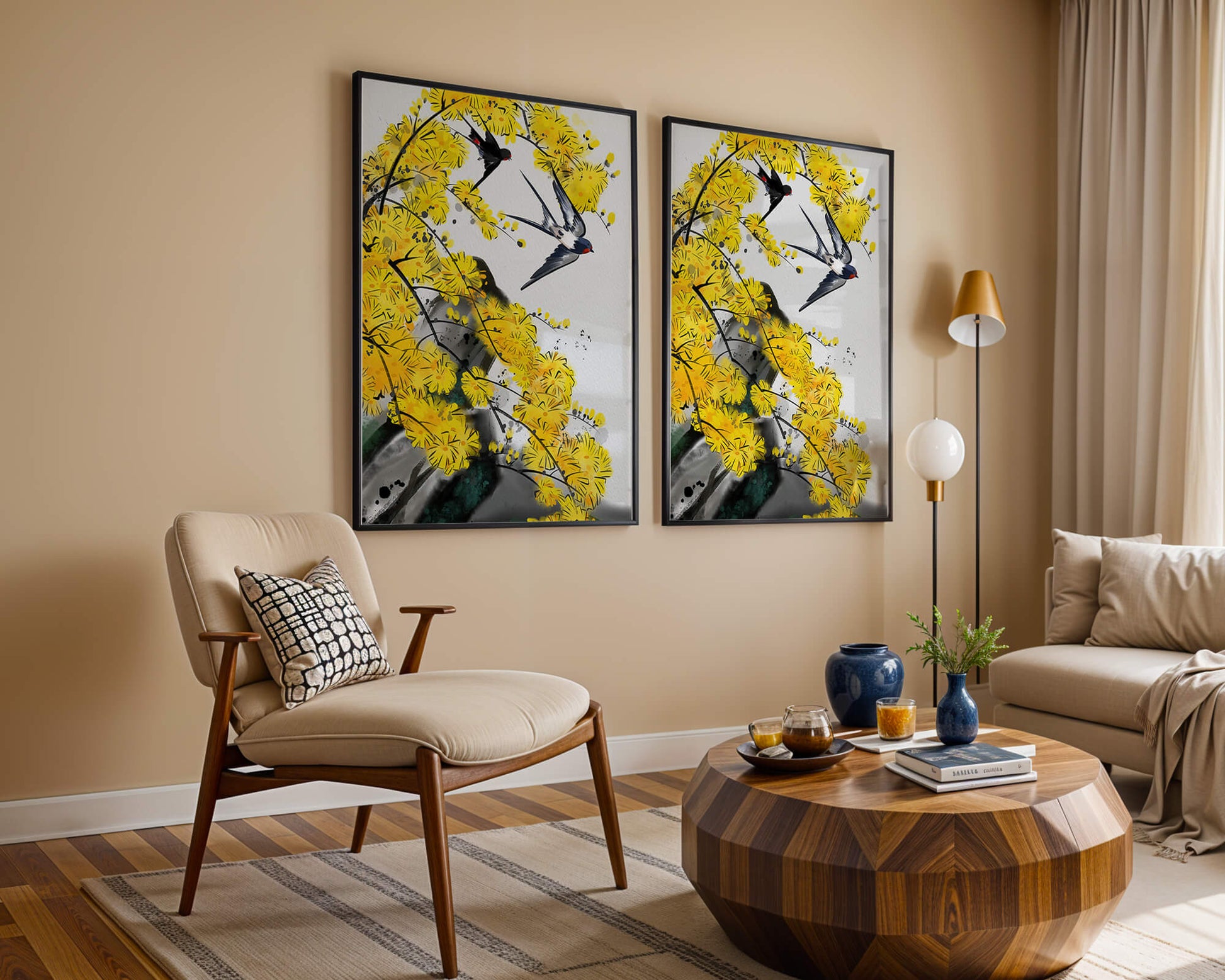 Artistic depiction of swallows amid vibrant yellow blossoms