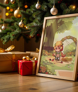 Charming anime-style scene with young girl, flowers, and nature background