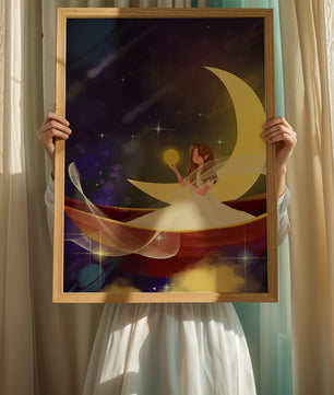 Enchanted night scene with a fairy on a crescent moon