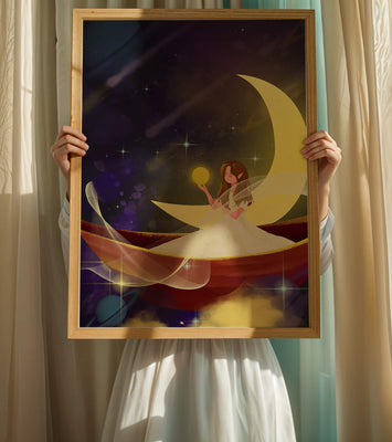 Enchanted night scene with a fairy on a crescent moon