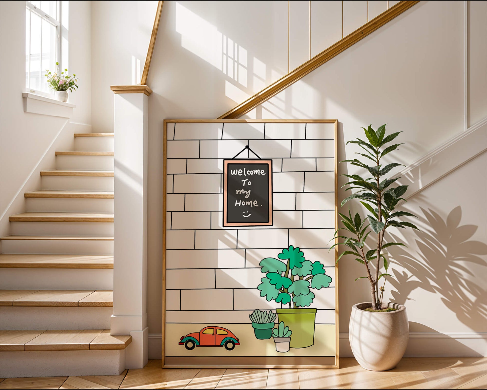 Kreidetafel-Schild mit Topfpflanzen und Spielzeugauto auf Ziegelmauer-Hintergrund