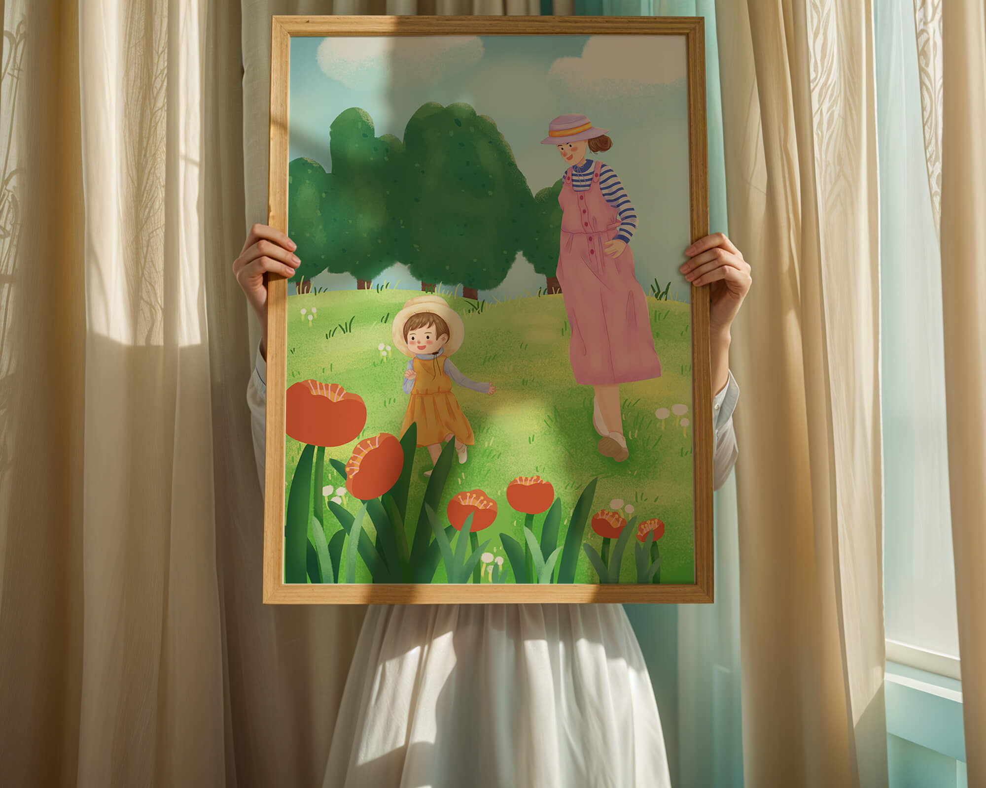 Mother and child in a floral garden under clear skies
