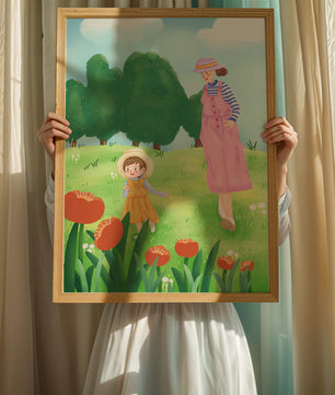 Mother and child in a floral garden under clear skies