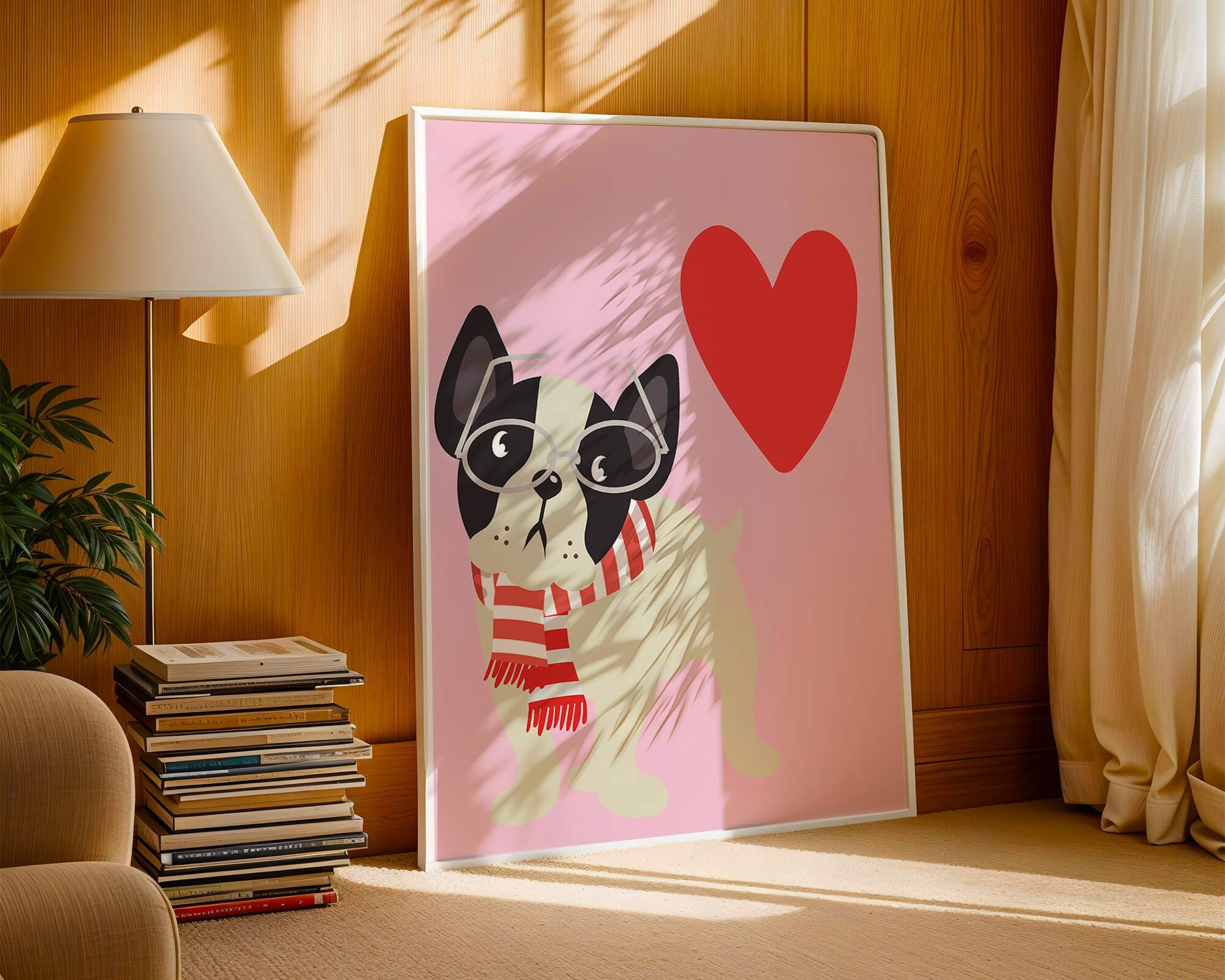 Playful illustration of a french bulldog with glasses and scarf on pink background with heart