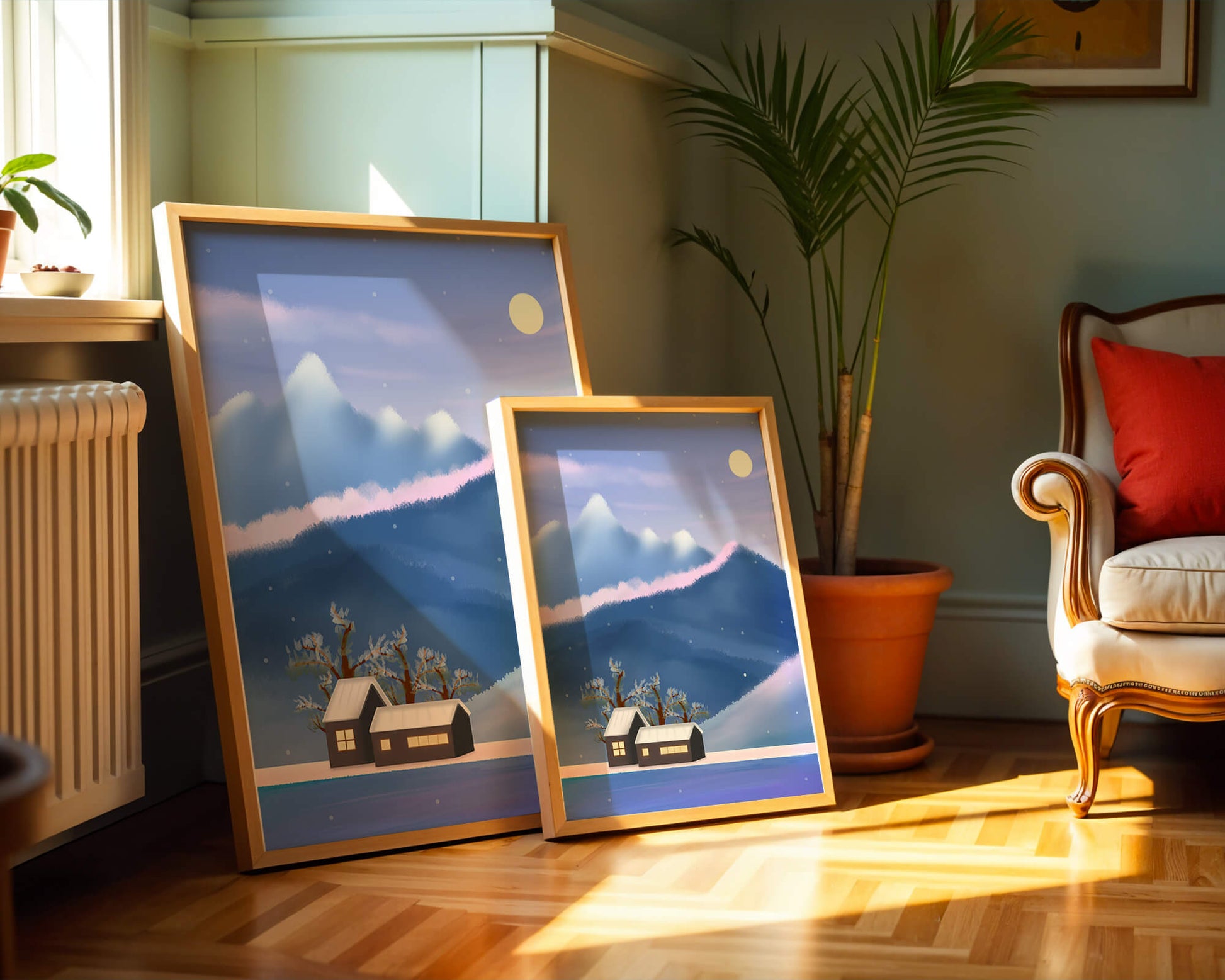 Paysage de montagne enneigée avec des maisons et des arbres sous la lumière de la lune