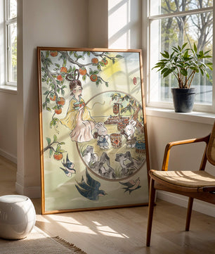 Charmante orientalische Szene mit Kaninchen, Mädchen und Kumquats in der Natur