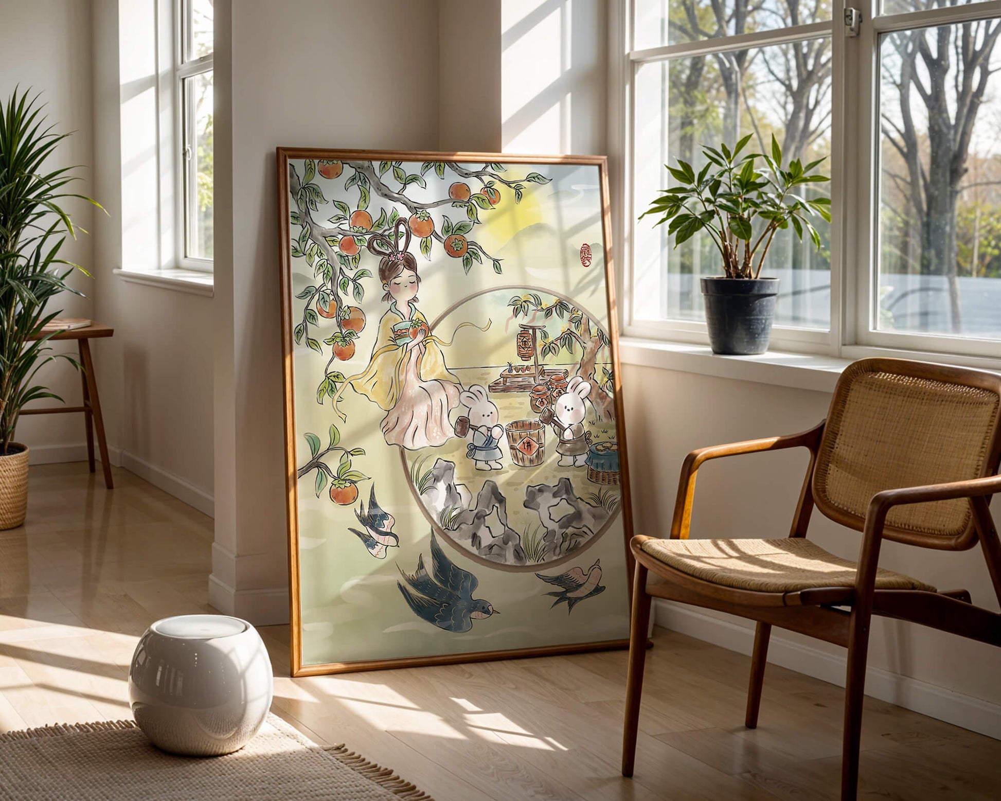 Charmante orientalische Szene mit Kaninchen, Mädchen und Kumquats in der Natur