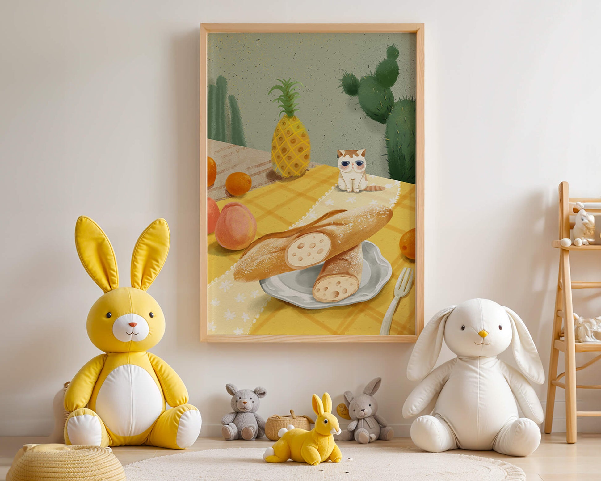 Gato con gafas de sol en un entorno tropical con baguettes y frutas