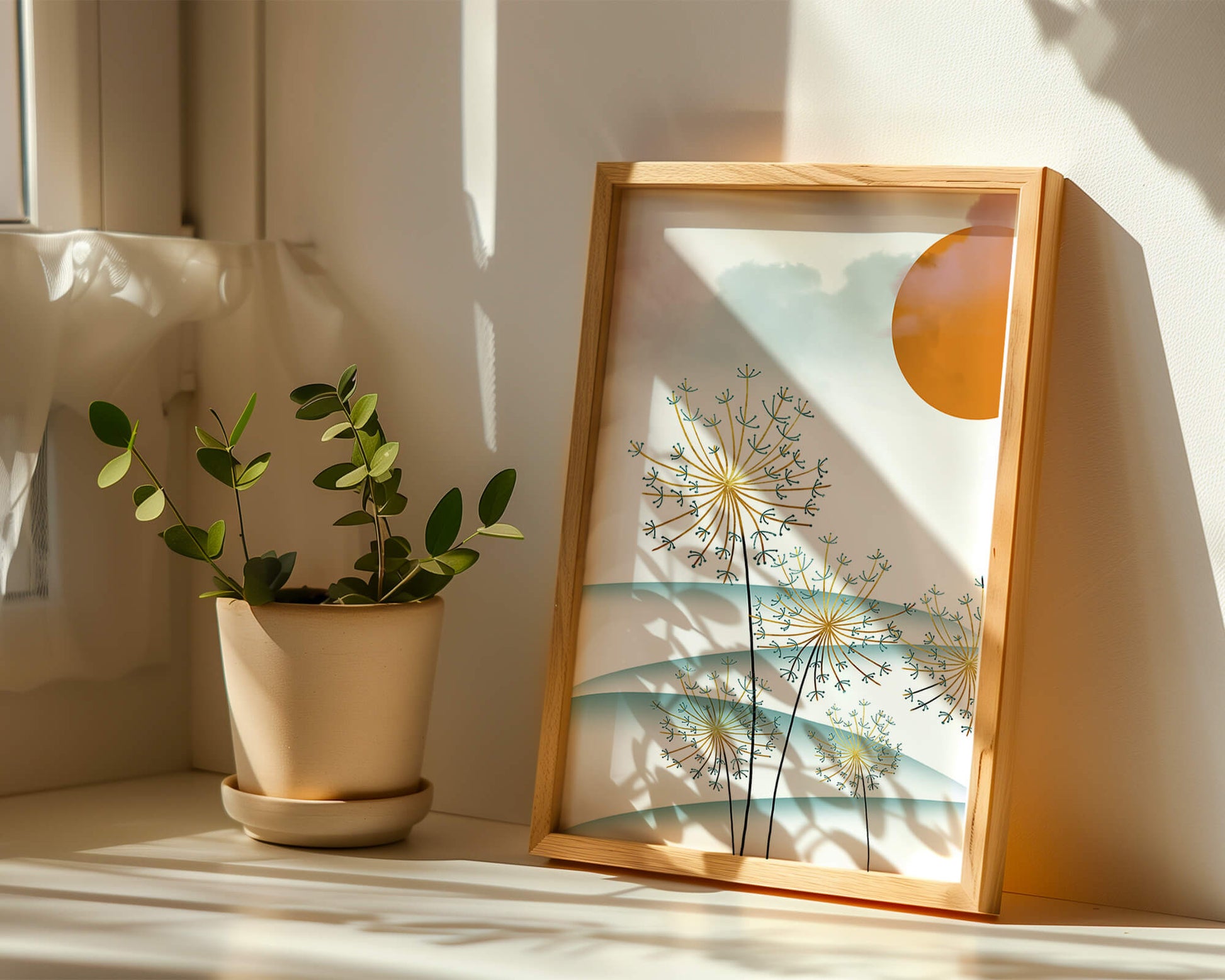 Abstrakte Landschaft mit Löwenzahn und orangefarbener Sonne