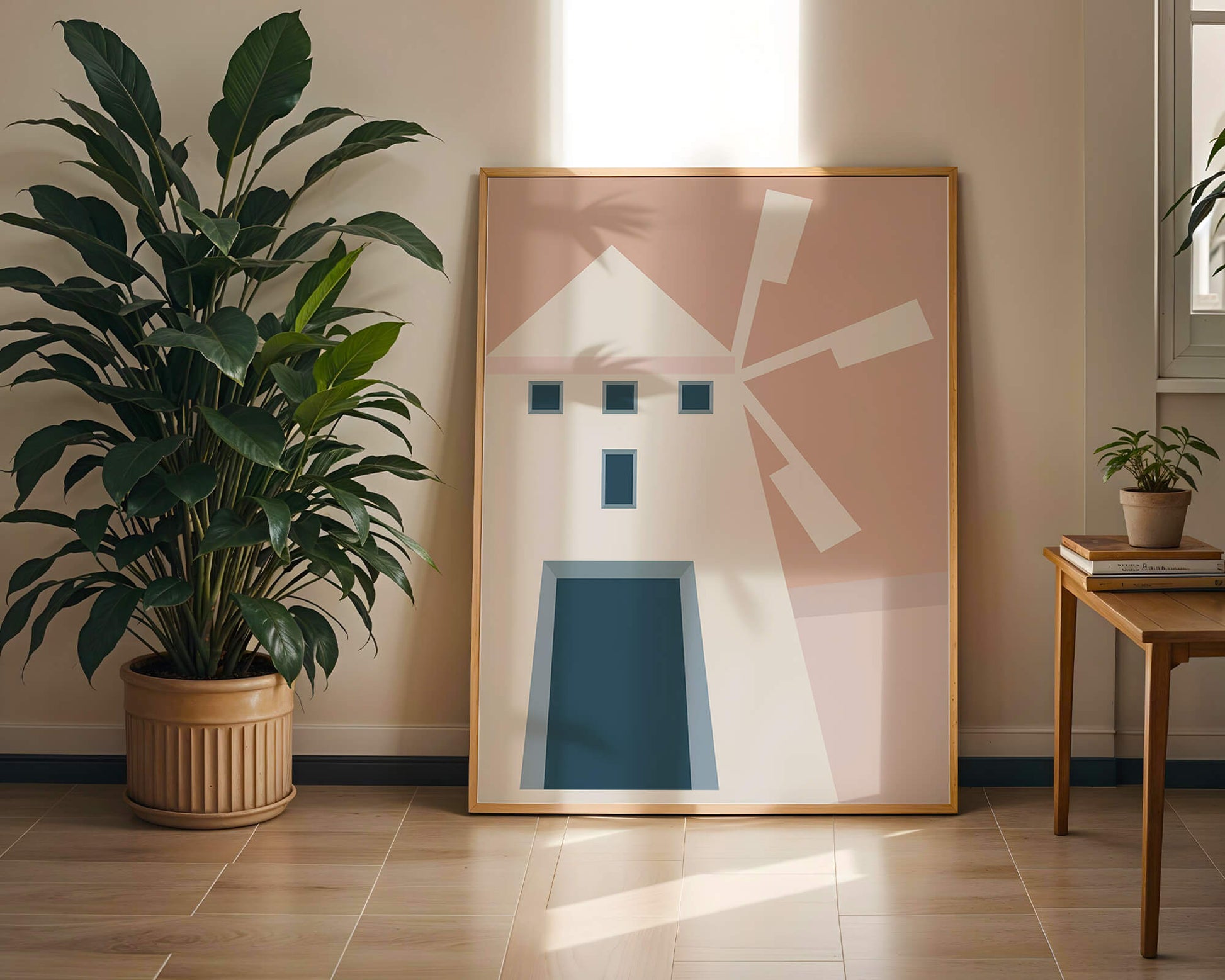Minimalist geometric house illustration on pastel background