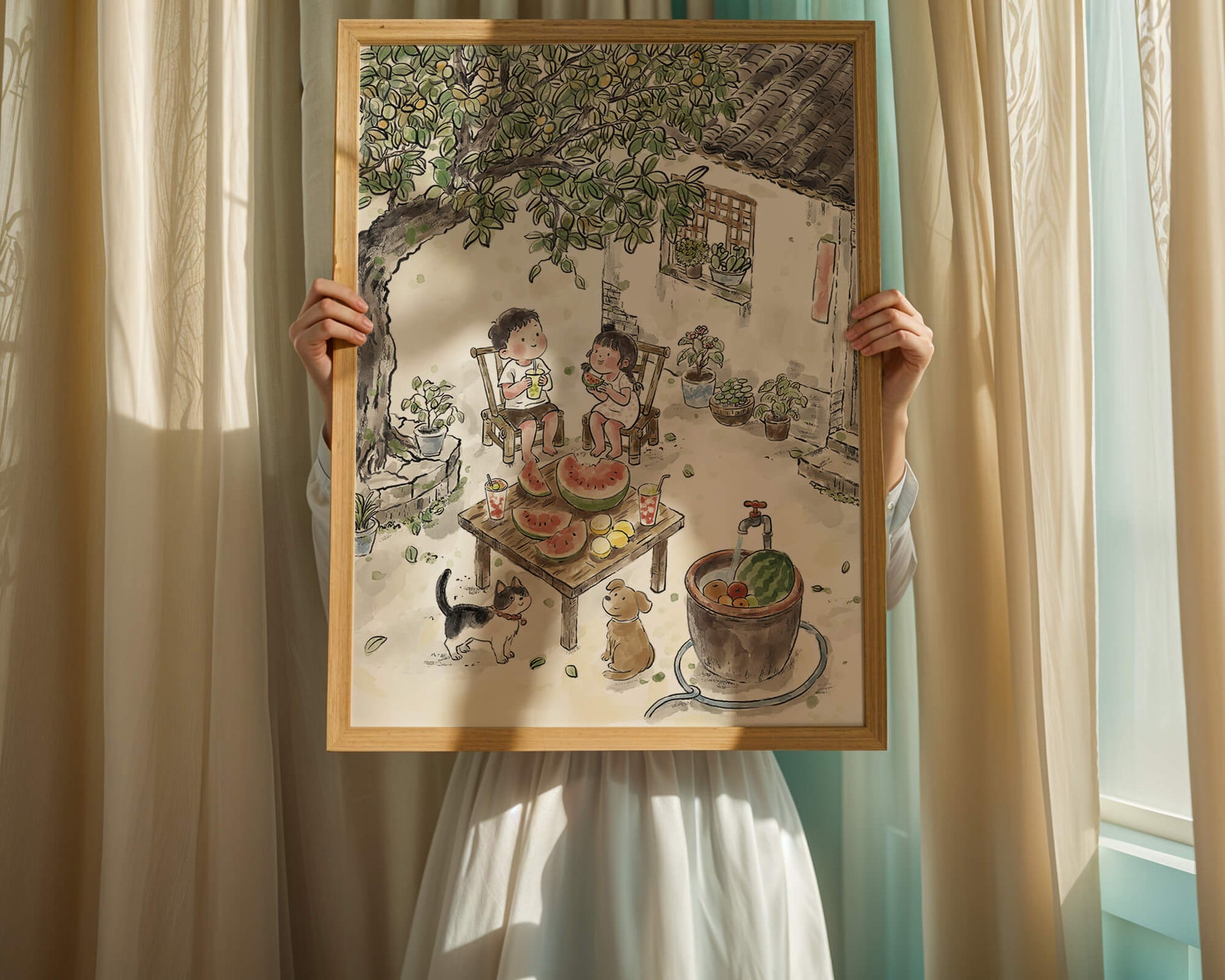 Encuentro acogedor en el patio trasero de verano con sandía y mascotas