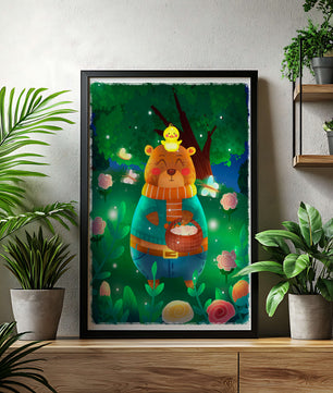 Charming bear in a colorful garden with flowers and fireflies