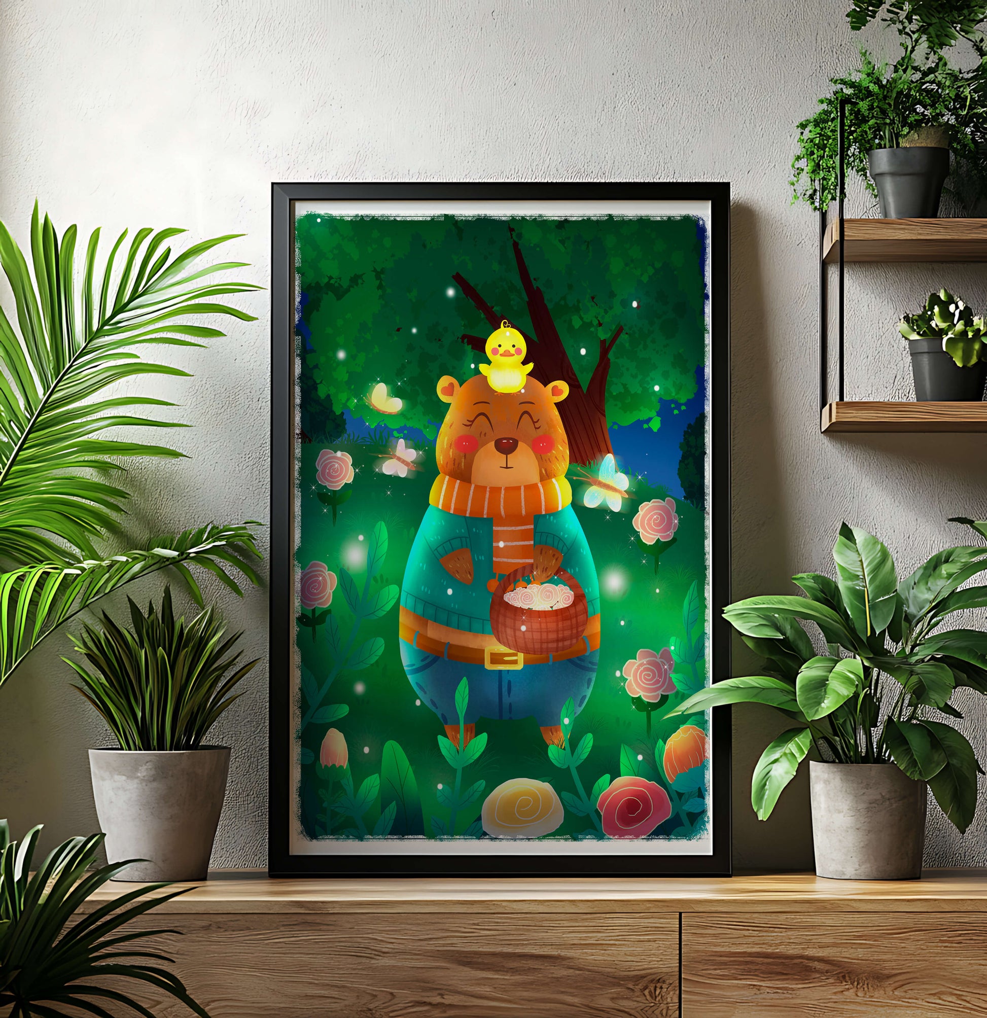 Charming bear in a colorful garden with flowers and fireflies
