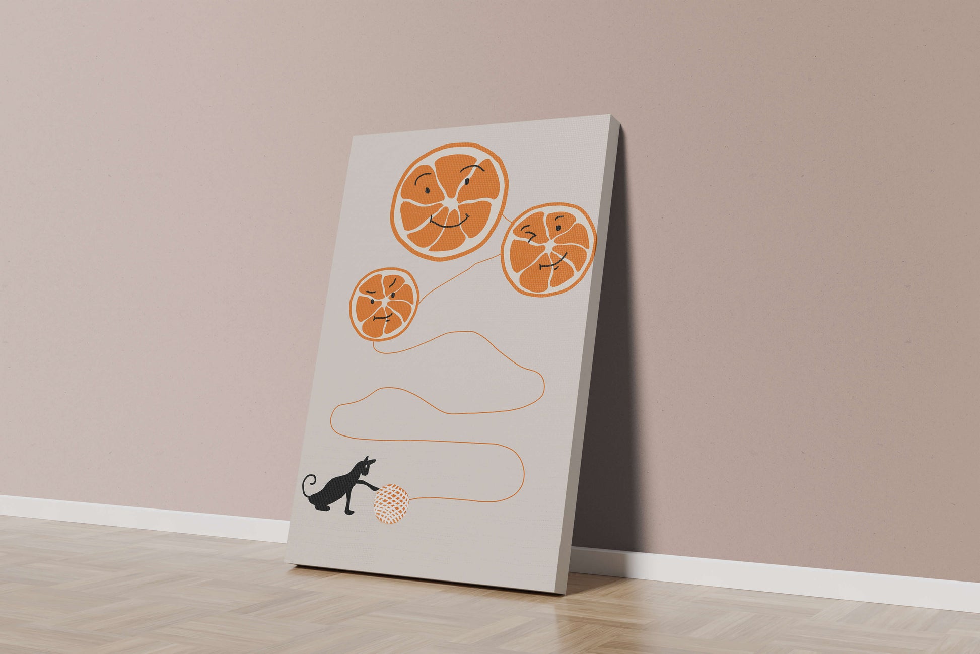 Playful illustration of oranges with cat and yarn