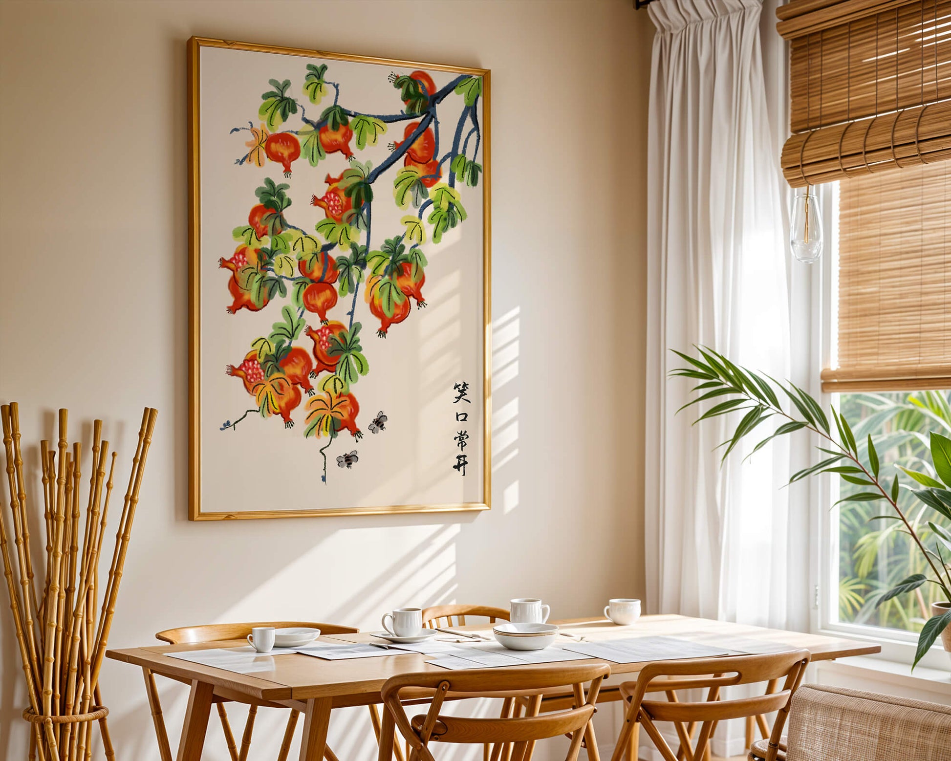 Artistic illustration of vibrant pomegranates on a branch with Asian aesthetic