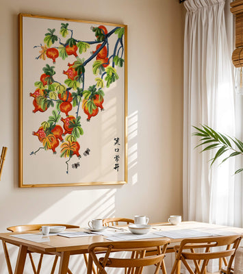 Artistic illustration of vibrant pomegranates on a branch with Asian aesthetic