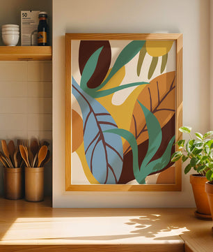 Abstract botanical design with colorful leaves and organic shapes