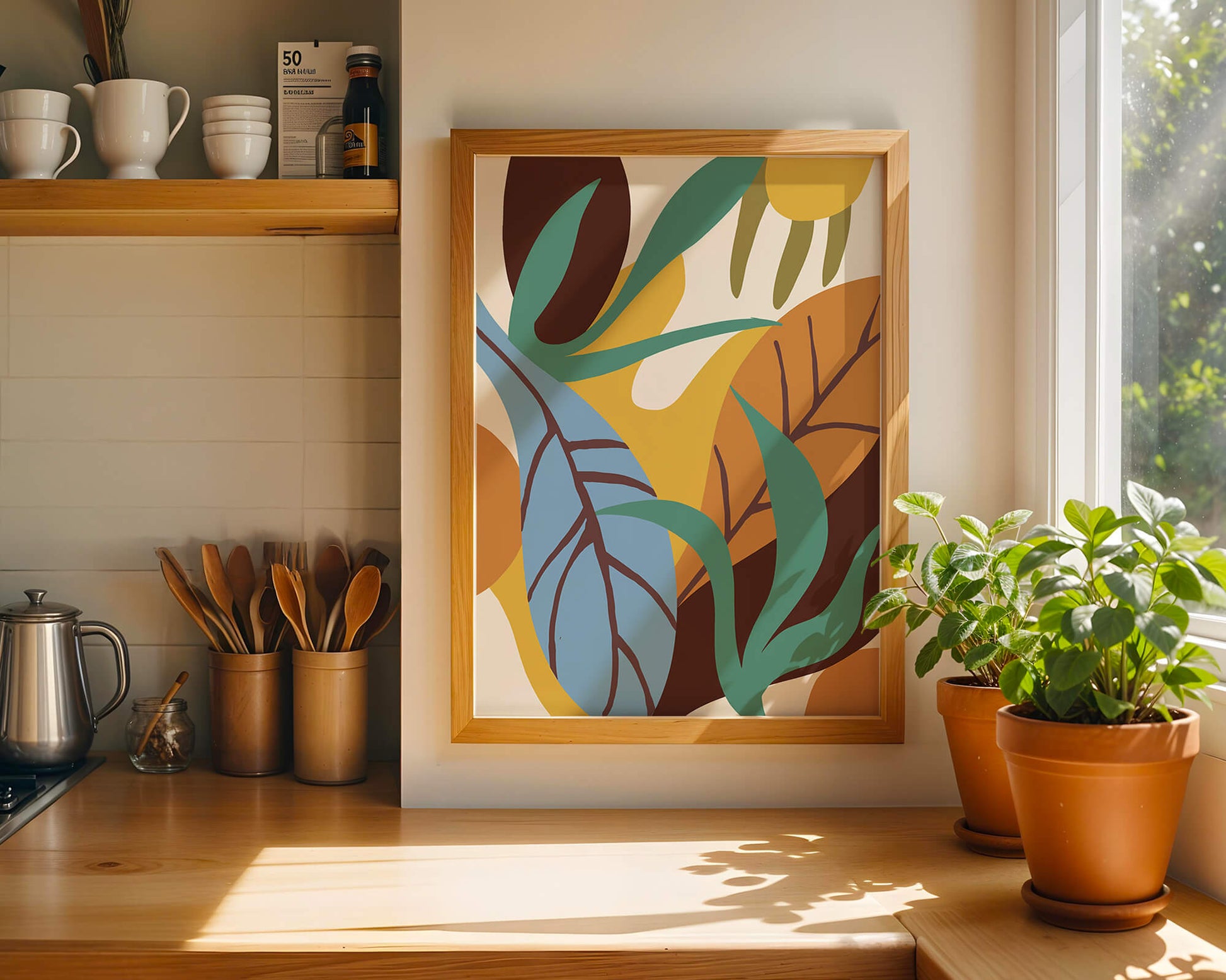 Abstract botanical design with colorful leaves and organic shapes