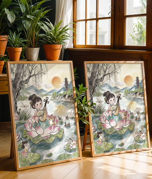 Traditional Asian Scenery with Girl Playing Instrument on Lotus Pond at Sunset