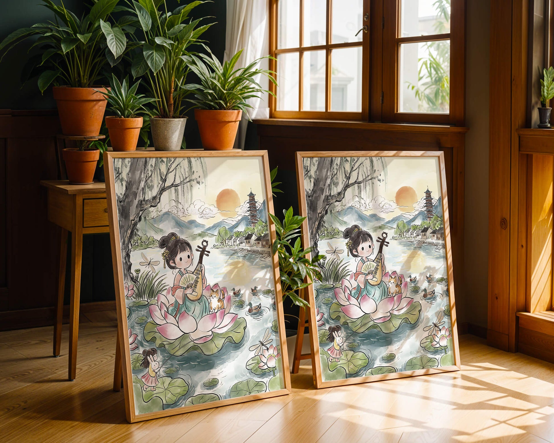 Traditional Asian Scenery with Girl Playing Instrument on Lotus Pond at Sunset