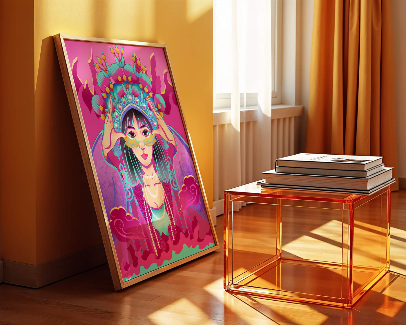 Colorful illustration of a woman in traditional costume with ornate headpiece
