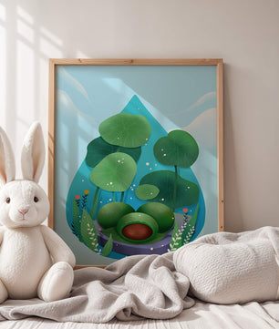Nature-inspired abstract illustration with leaves and spheres