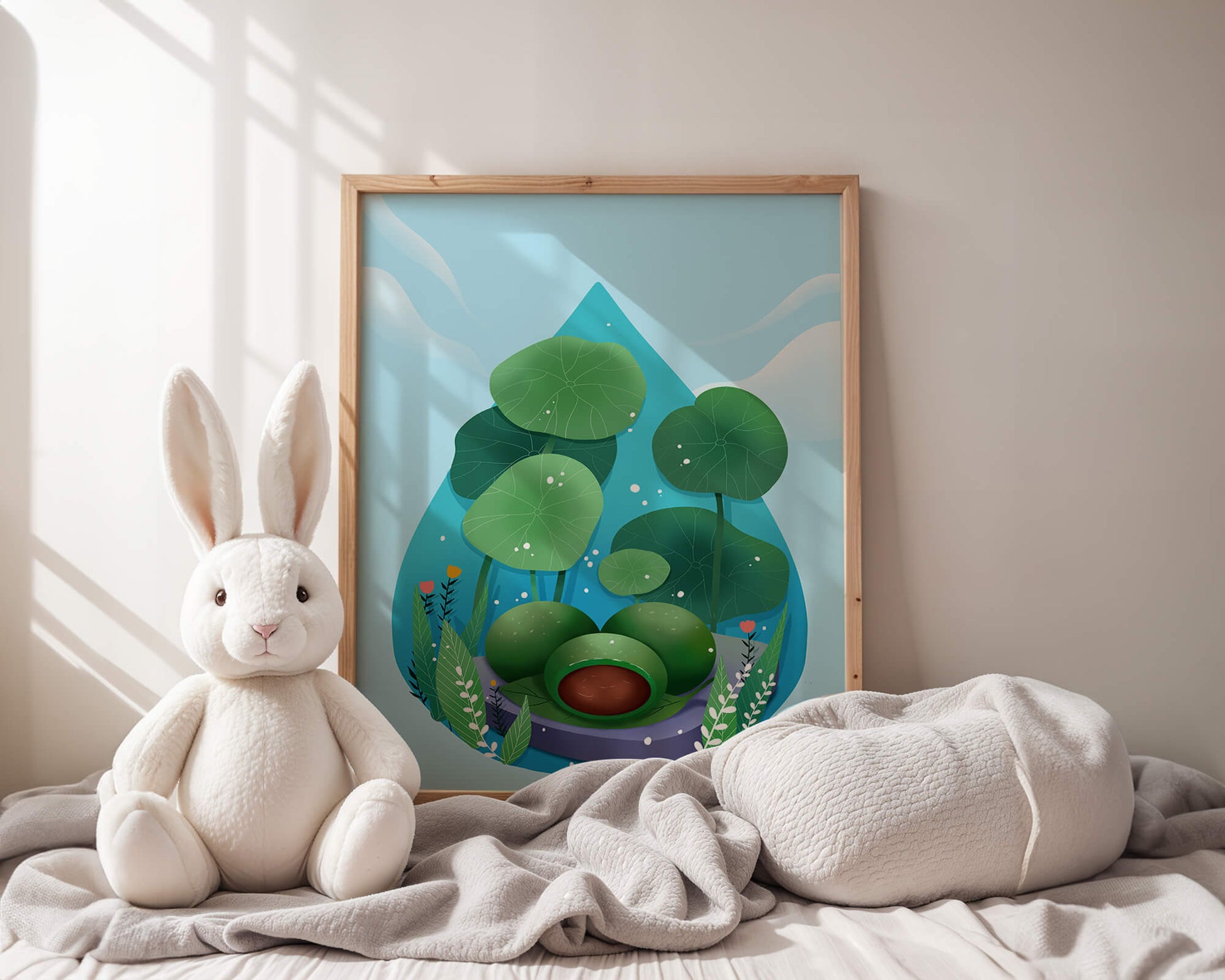 Nature-inspired abstract illustration with leaves and spheres