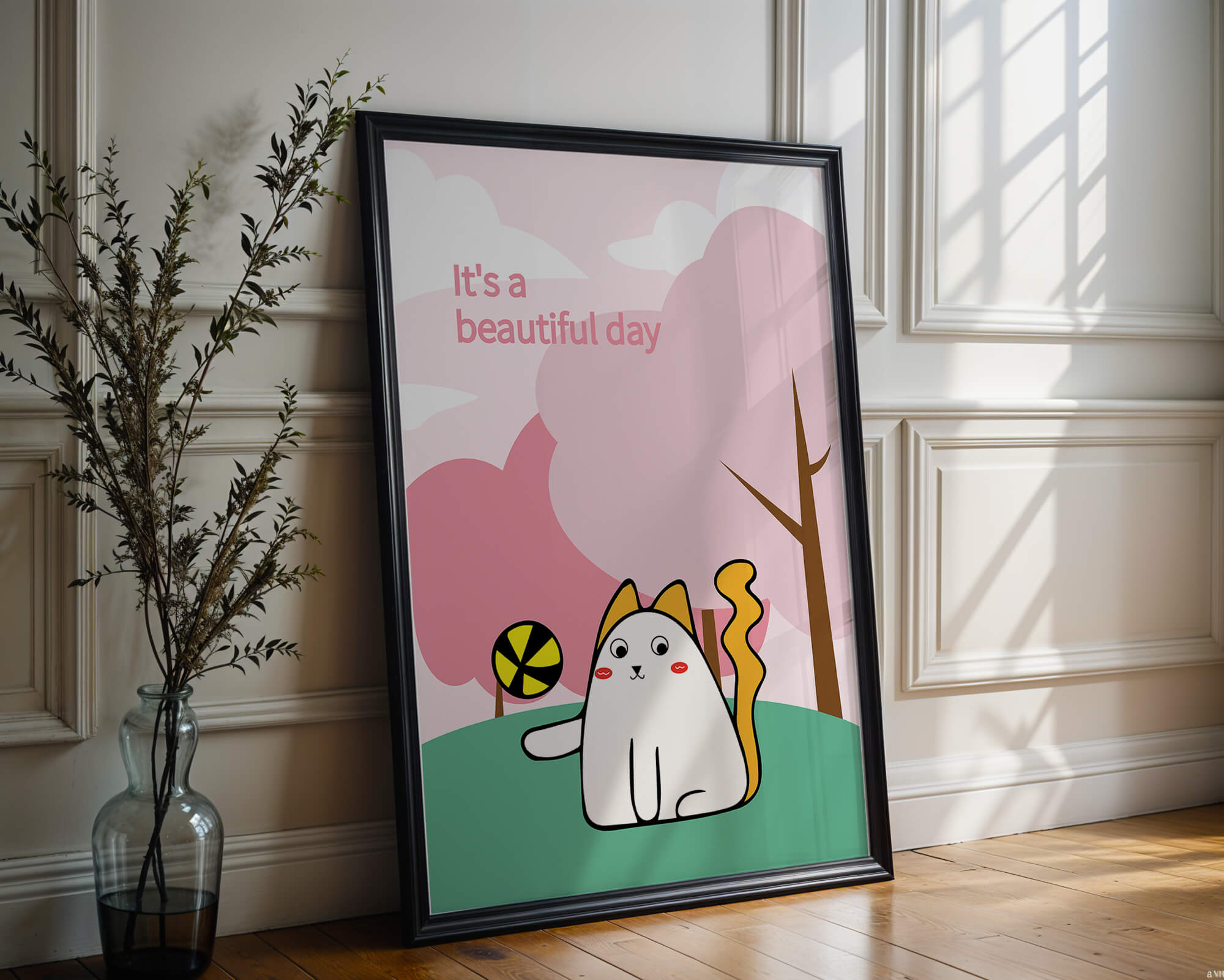 Charming cat illustration in a playful park scene with trees and clouds