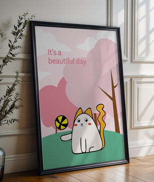 Illustration charmante de chat dans une scène de parc ludique avec des arbres et des nuages.