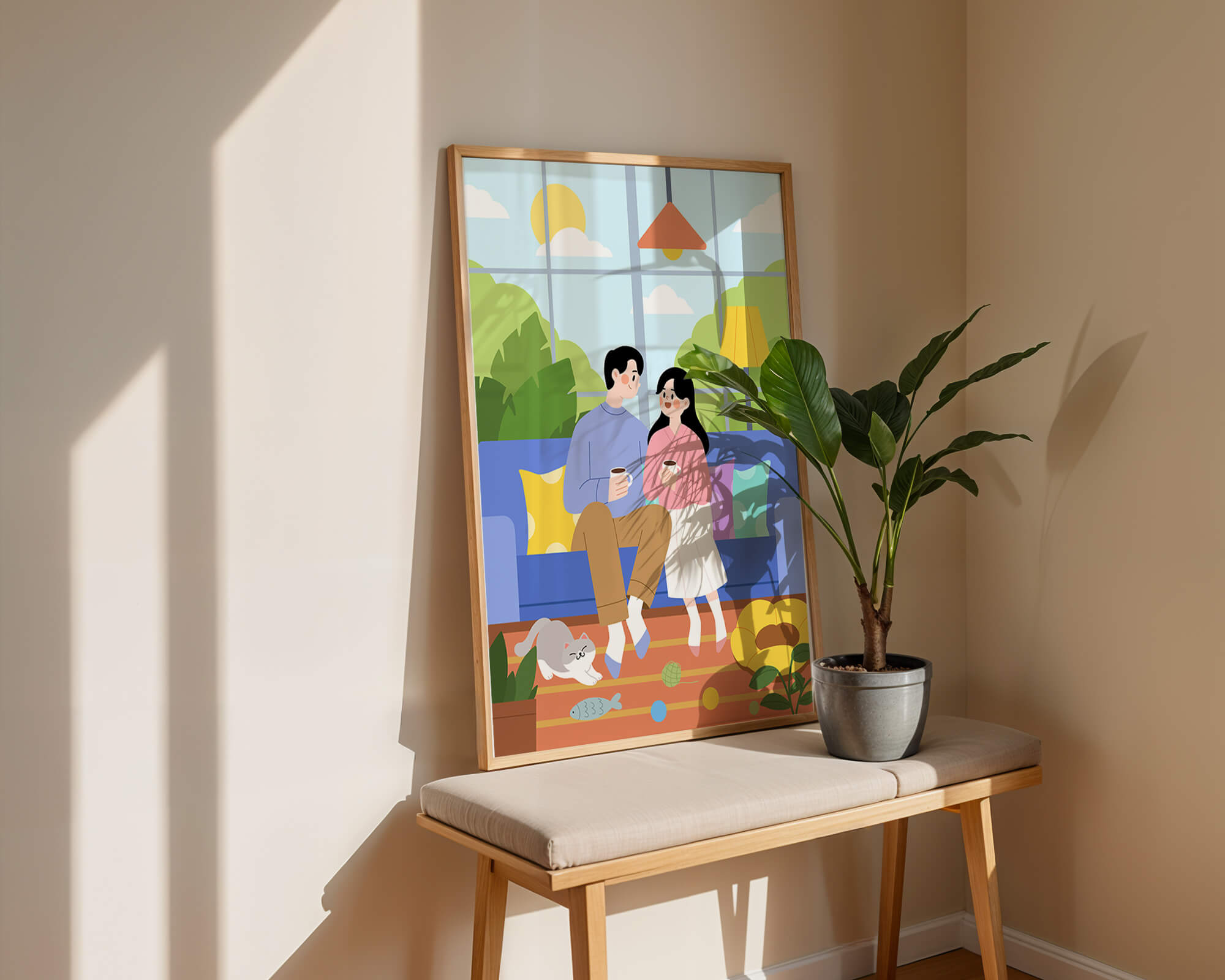 Cozy living room scene with couple and playful cat