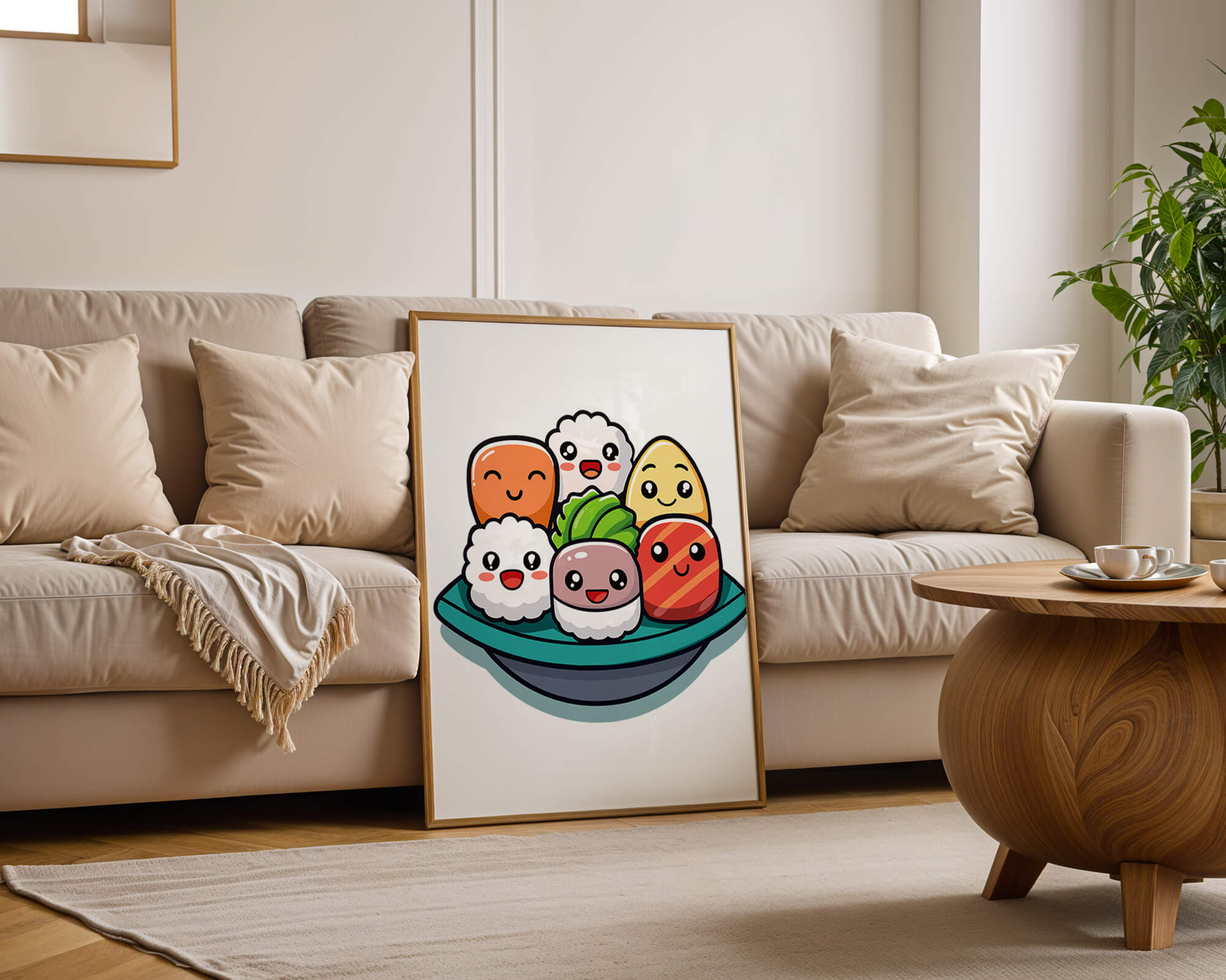 Adorable cartoon sushi characters in a bowl illustration