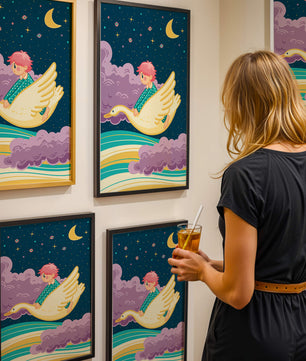 Child flying on a goose through a magical night sky illustration