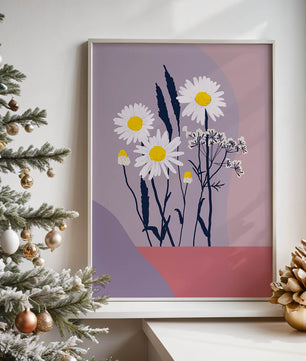 Illustrative floral artwork with daisies and abstract background