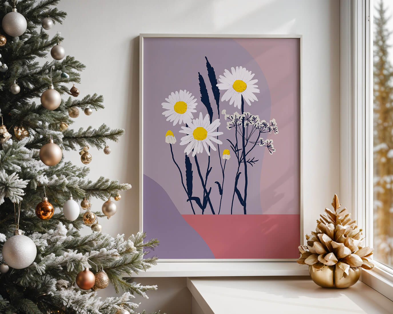 Illustrative floral artwork with daisies and abstract background