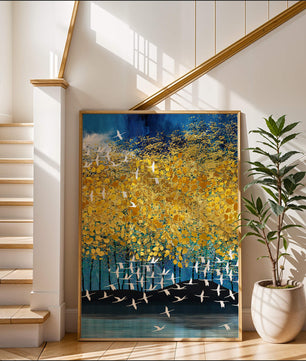 Paisaje abstracto con follaje dorado y aves voladoras