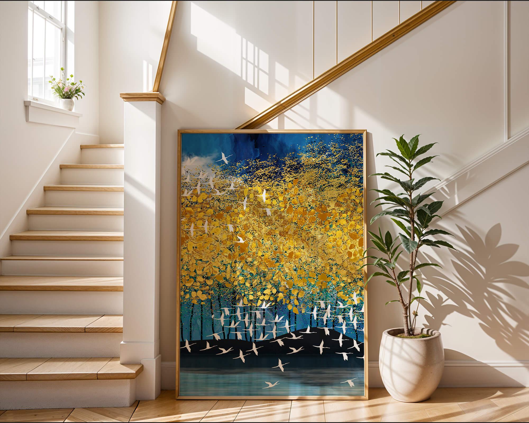 Paisaje abstracto con follaje dorado y pájaros volando