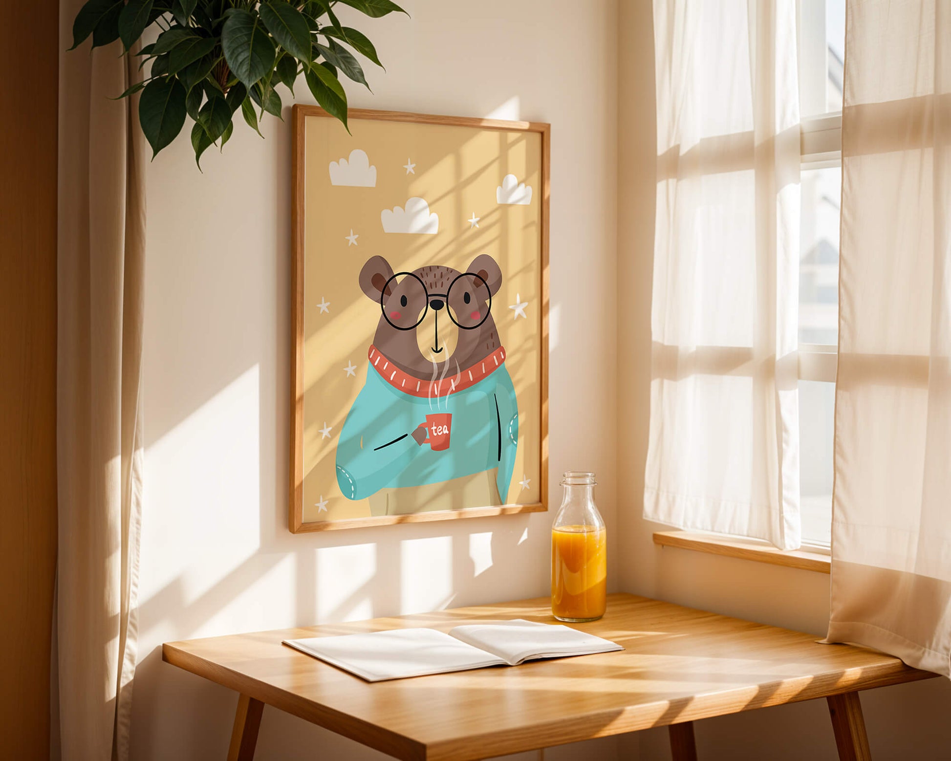 Illustration of a cozy bear enjoying tea with glasses