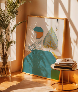 Artistic Composition with Geometric Shapes and Golden Leaf Detail - Mi tienda