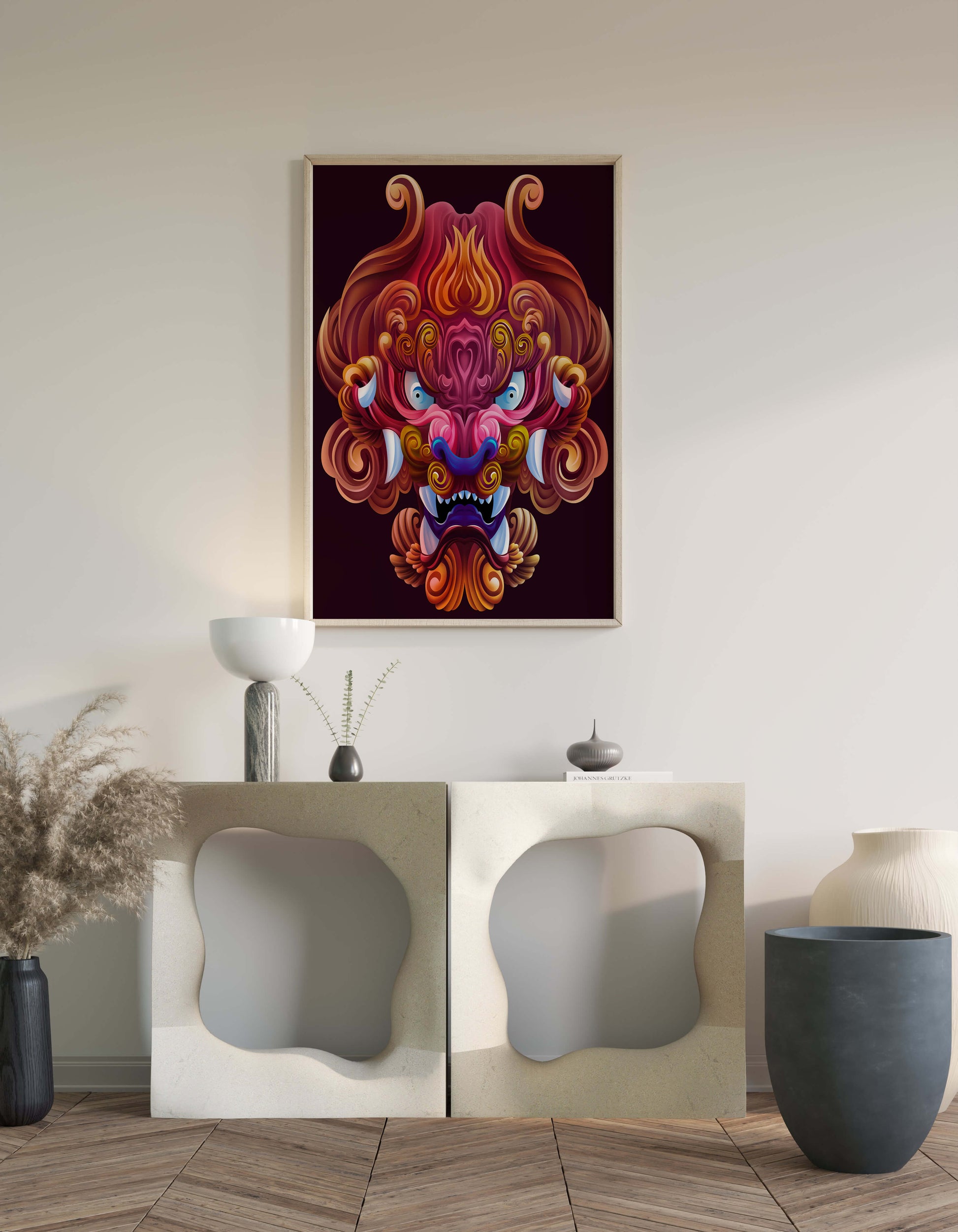 Intricate Colorful Dragon Face Illustration with Swirling Patterns