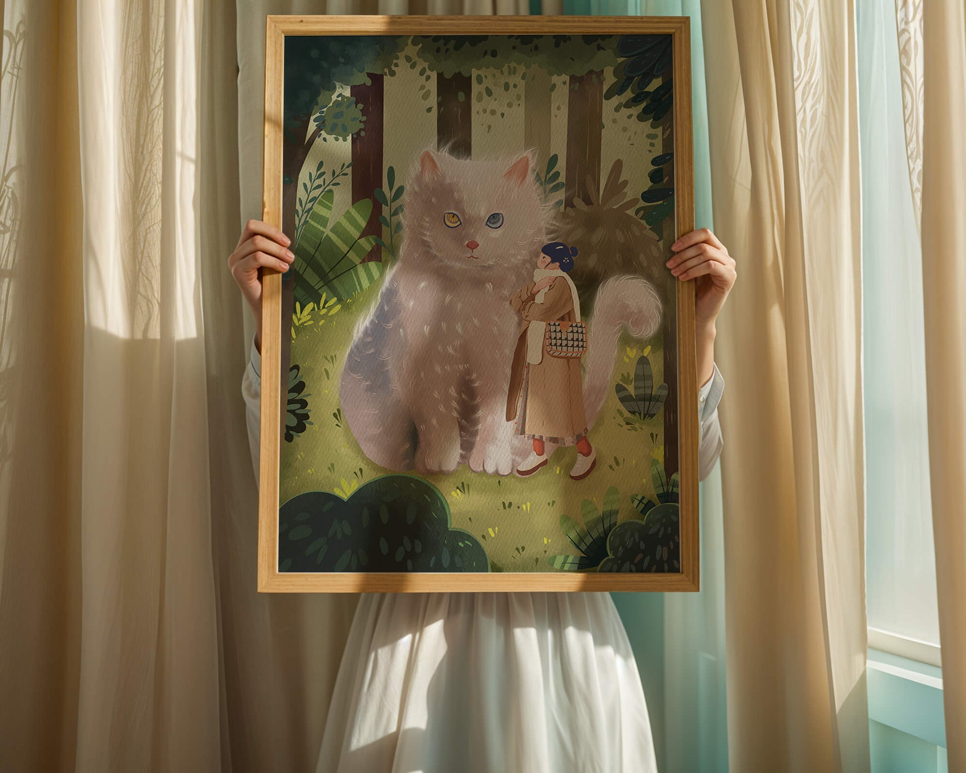 Verzauberter Wald mit einer riesigen Katze und einer Frau
