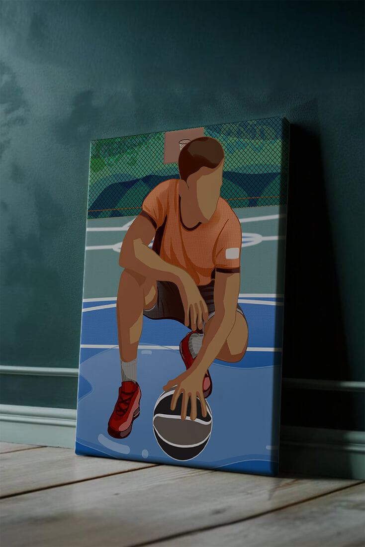 Illustration of a basketball player on a court in a dynamic pose